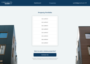 Compliant Guard's Properties page where users can see a list of all addresses registered on their account along with a button to contact Compliant Guard if the user wants to add or remove a property.